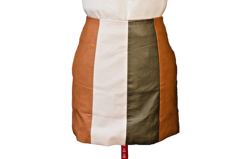 Wild Honey Faux Leather Colorblock Mini Skirt Brown Cream Green Size S Lined